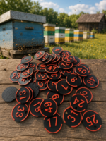Okrągłe numery na ule ułożone na drewnianym blacie, w tle ule w pasiece i łąka