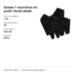 Siedem wzorników do profili 10×20–40×60 na planszy z danymi: 7 szt., kąt trasowania 45°, druk 3D, PETG