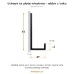Rysunek wymiarowy z boku jednego uchwytu: wysokość 65 mm, wysięg półki 27 mm i zaczep o wysokości 12 mm